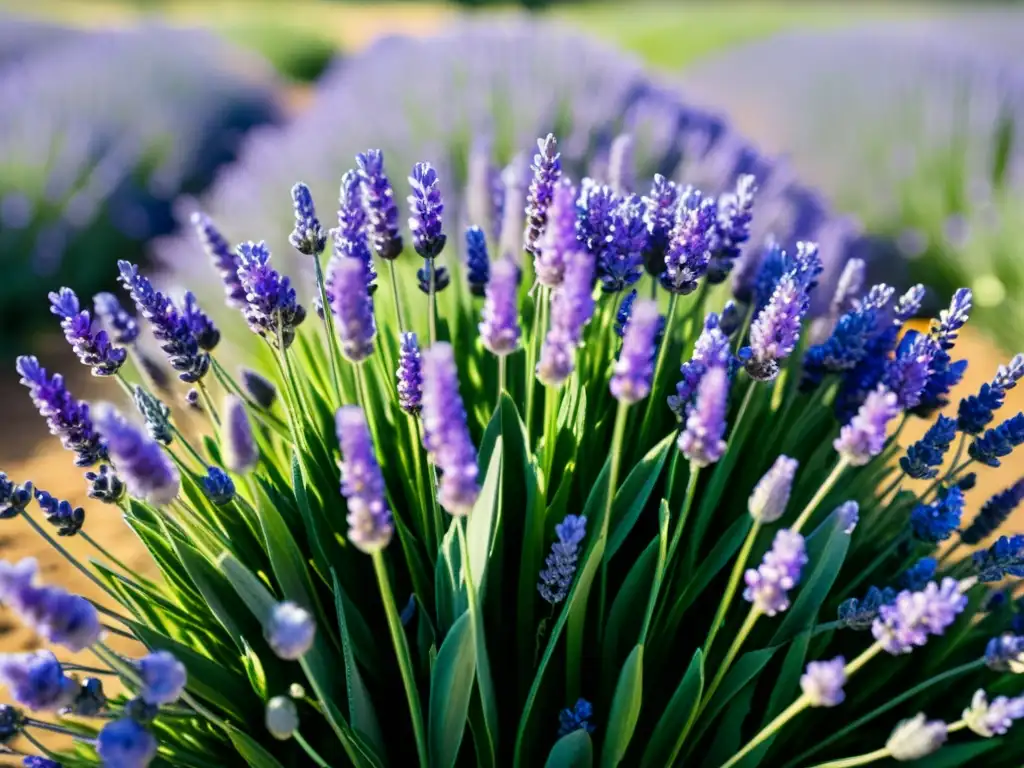 Vista detallada de campos de lavanda orgánica con beneficios para aceites esenciales, flores moradas y azules, abejas y mariposas revoloteando