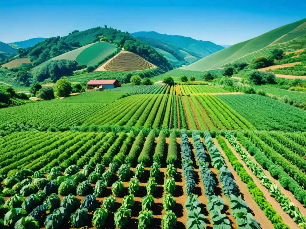 Vista detallada de una exuberante granja orgánica con frutas y verduras coloridas, rodeada de colinas y cielo azul