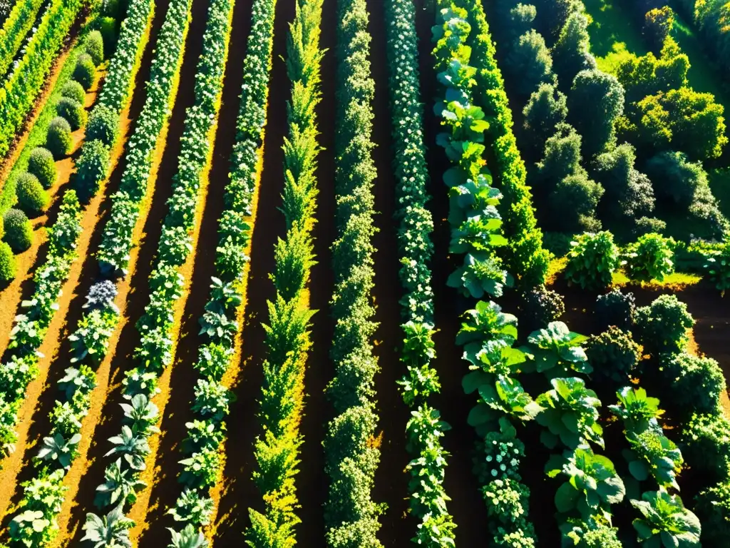 Vista detallada de un exuberante huerto orgánico con frutas y verduras coloridas