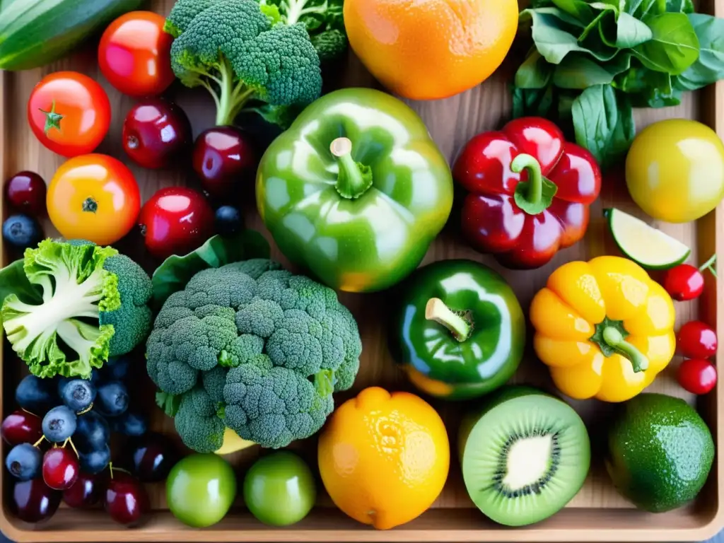 Vista detallada de frutas y verduras orgánicas en tabla de cortar de madera