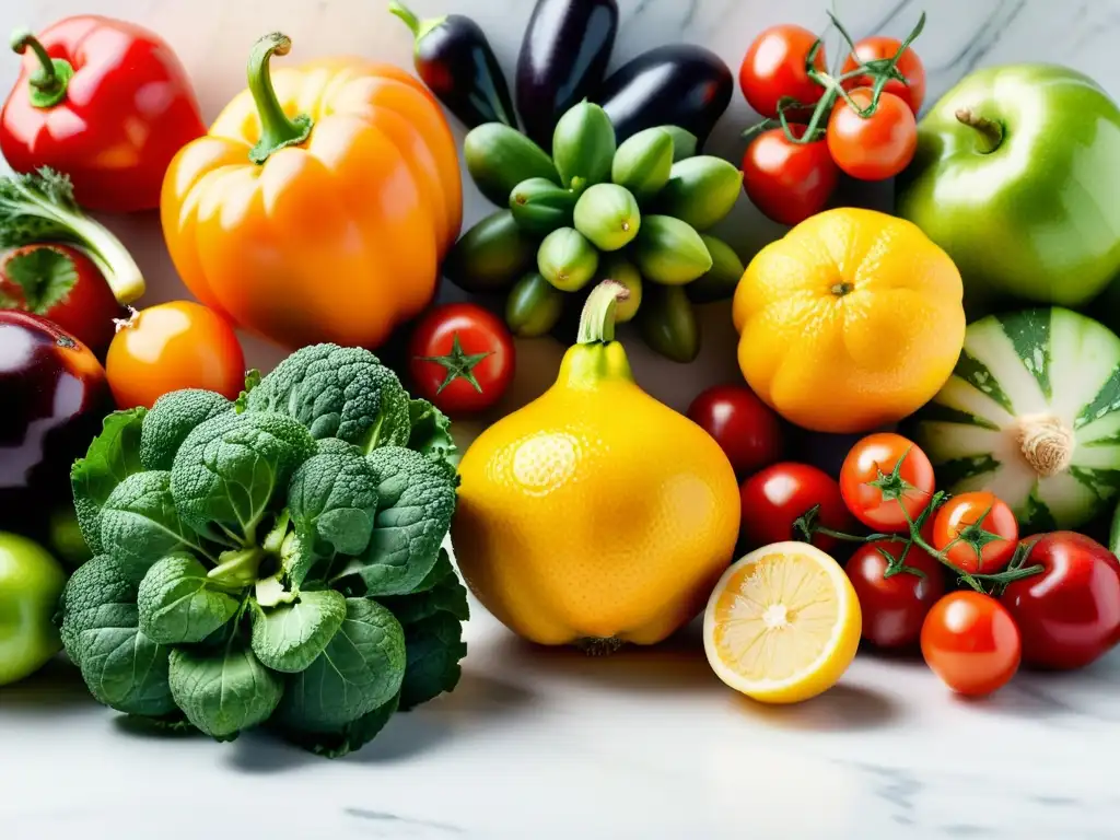 Vista detallada de frutas y verduras orgánicas en un patrón simétrico sobre mármol blanco