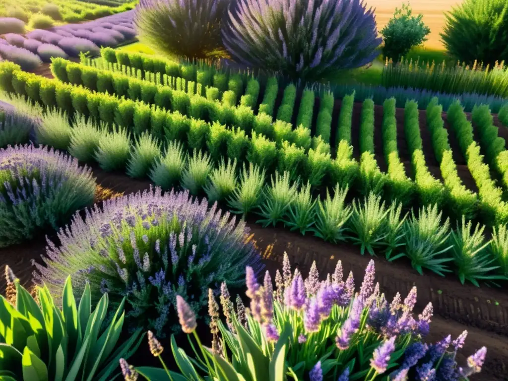 Vista detallada de una granja orgánica bañada por el sol con filas ordenadas de plantas aromáticas