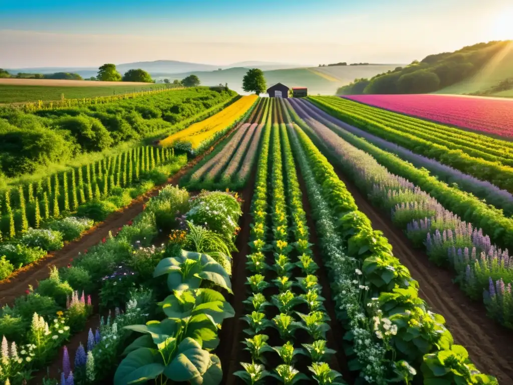 Vista detallada de granja orgánica con cultivos vibrantes y técnicas de cultivo orgánico para fortalecer defensas naturales de las plantas