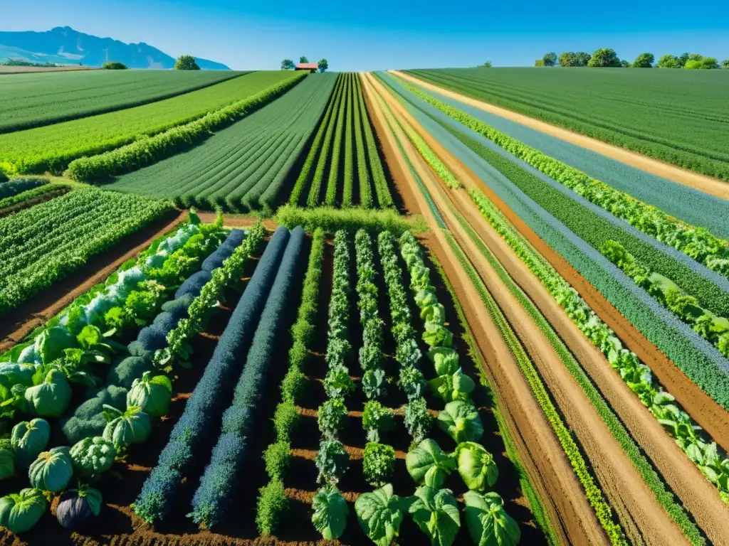 Vista detallada de una granja orgánica vibrante, resaltando los beneficios de los alimentos orgánicos para los ecosistemas