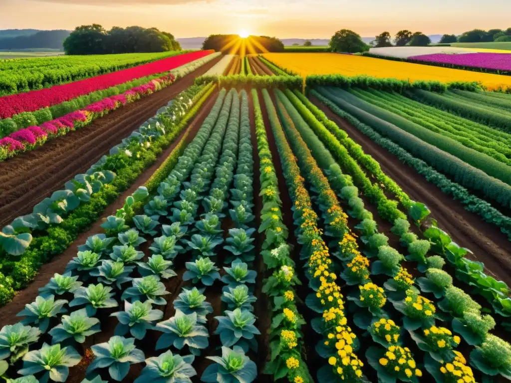 Vista detallada de una granja orgánica diversa, con cultivos vibrantes y saludables en armonía