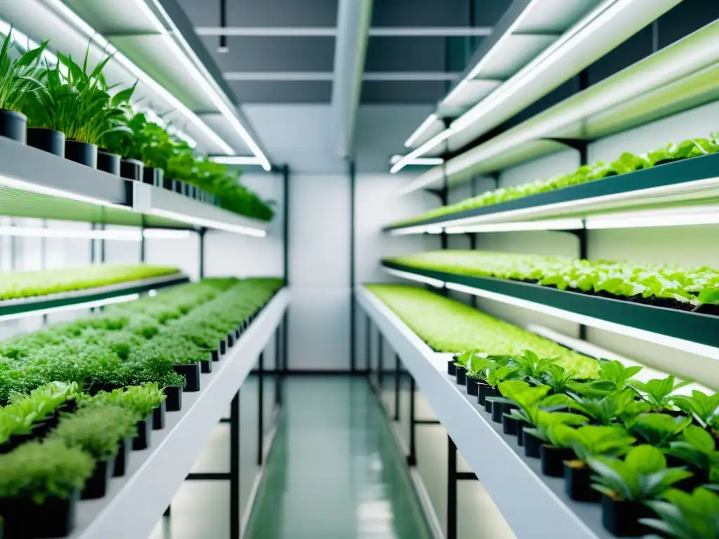 Vista detallada en 8k de una granja urbana interior con cultivos verdes, bañados por luz natural