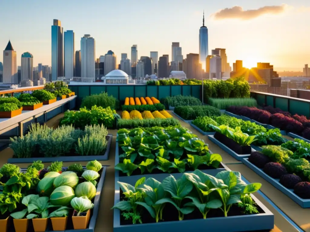 Vista detallada de un huerto urbano orgánico en una ciudad, con frutas y verduras vibrantes y rascacielos modernos alrededor