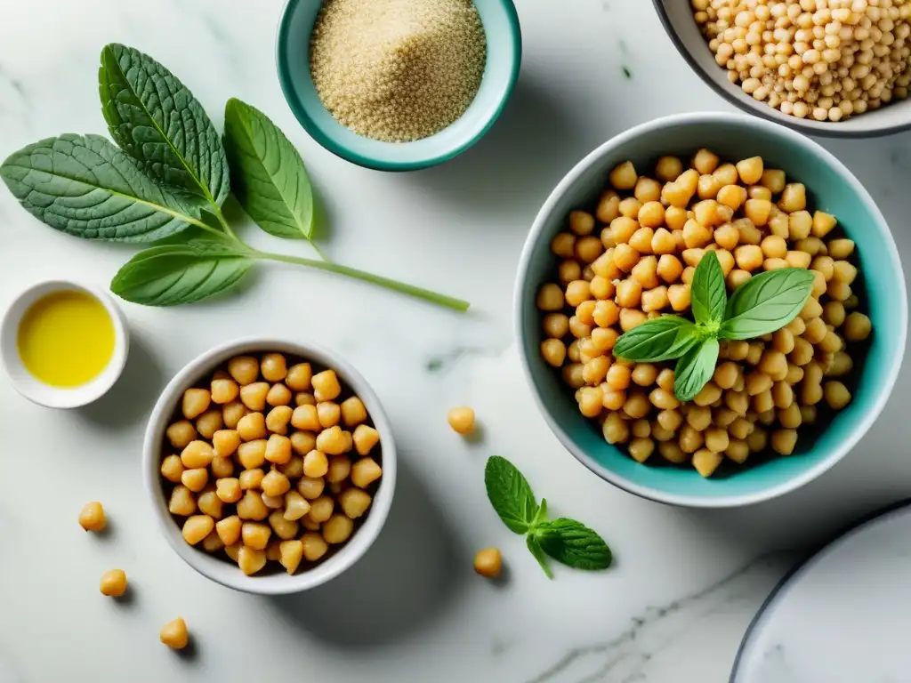 Vista detallada de ingredientes de Cocina Árabe Orgánica Recetas en elegante presentación sobre encimera de mármol blanco