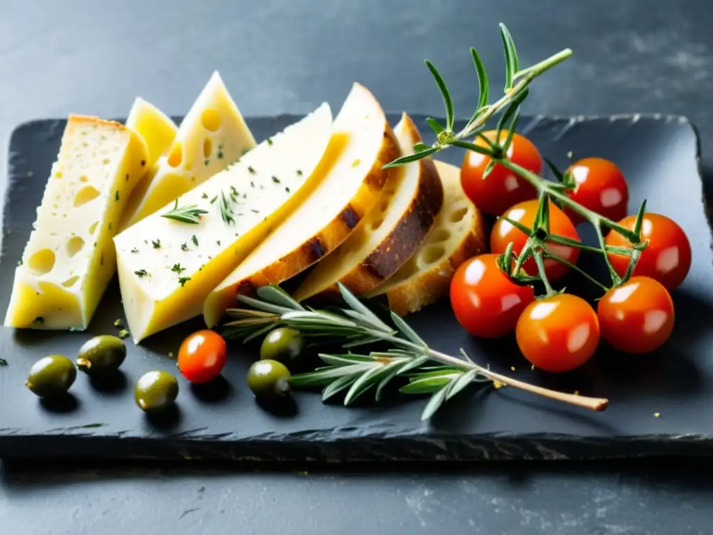 Vista detallada de ingredientes orgánicos en tapas mediterráneas, capturando su esencia y elegancia culinaria