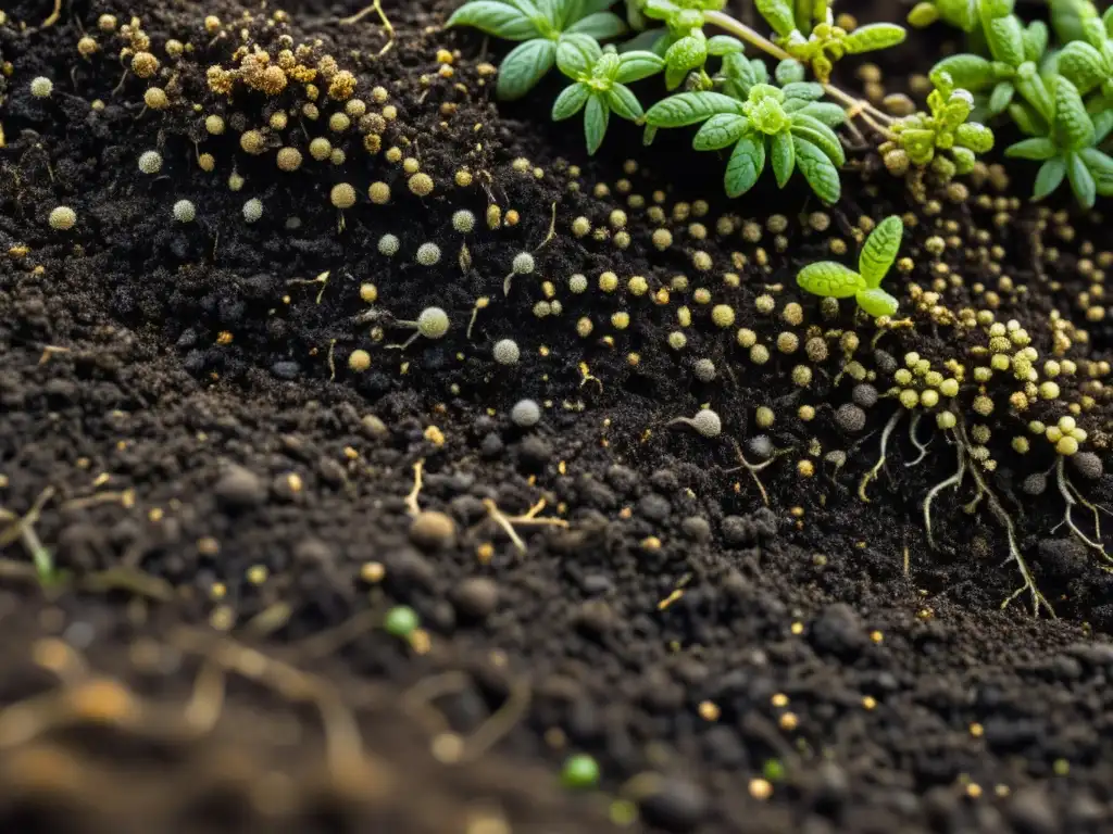 Vista detallada del microbioma del suelo en agricultura, mostrando la riqueza y belleza de los organismos microscópicos y las raíces de las plantas