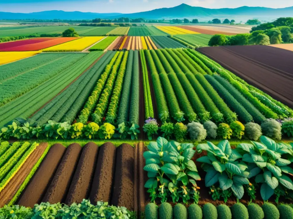 Vista detallada de un paisaje agrícola diverso con cultivos orgánicos, biodiversidad y armonía natural, efecto alimentos orgánicos medio ambiente