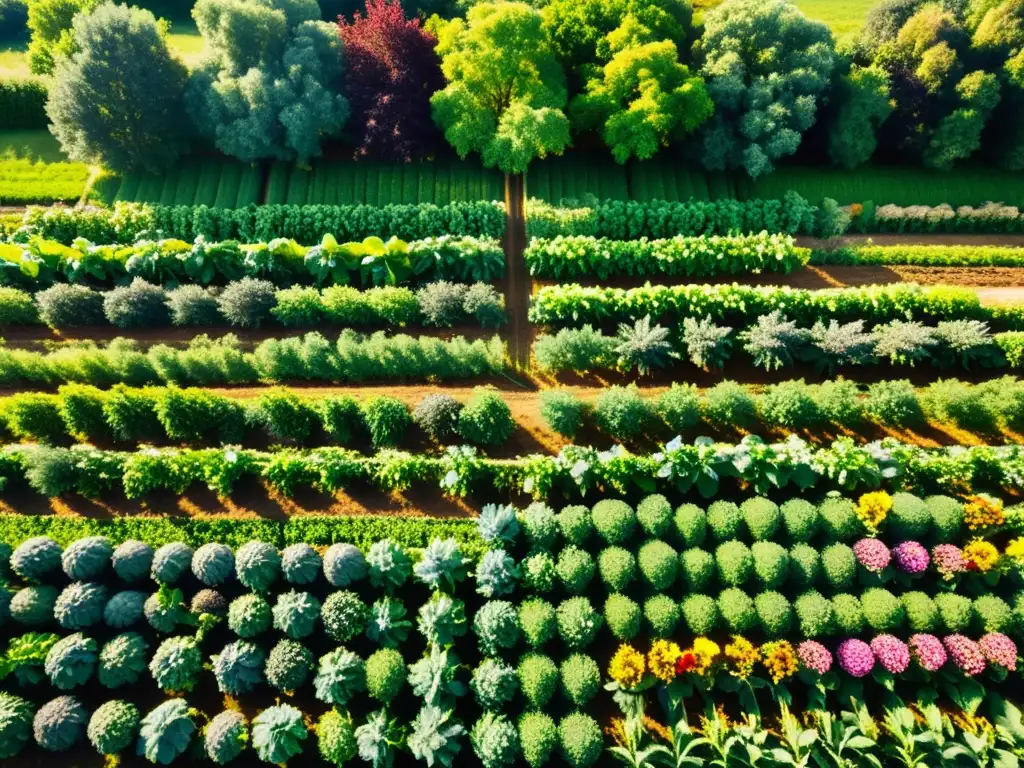 Vista detallada de una próspera granja orgánica, con cultivos ordenados y coloridos