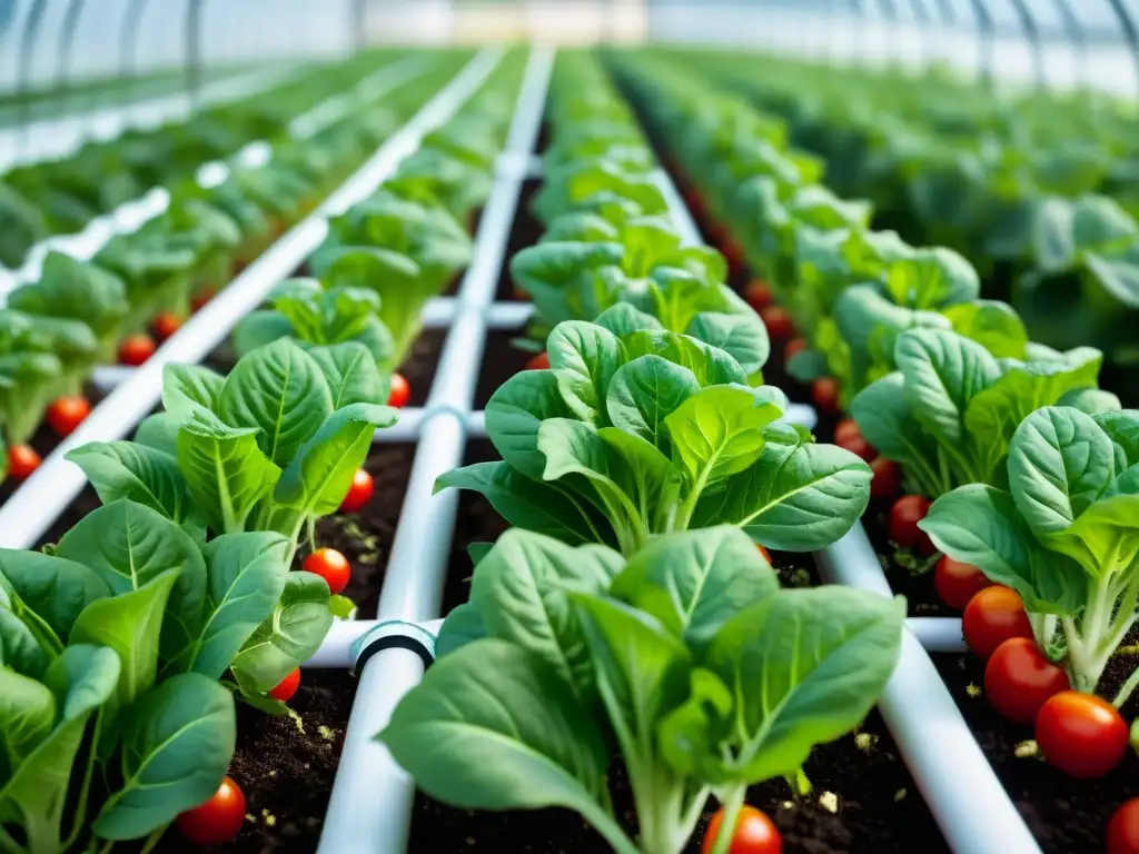 Vista detallada de una próspera hidroponía orgánica, con lechugas y tomates cultivados sin suelo en agua rica en nutrientes