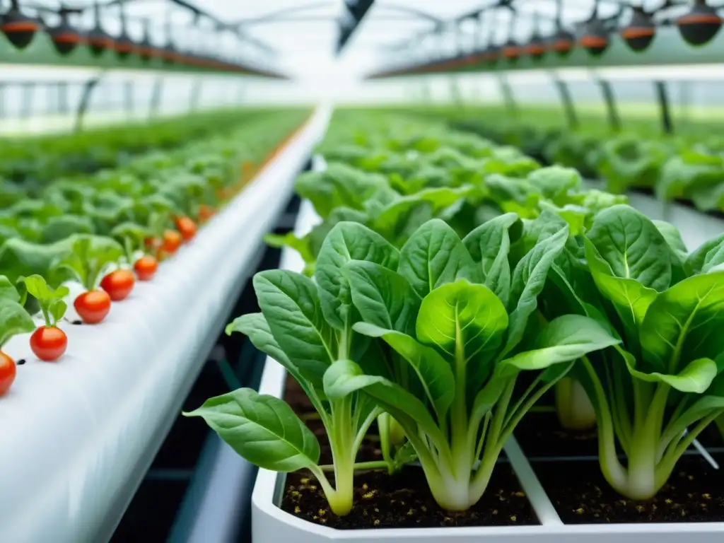 Vista detallada de un próspero sistema hidropónico, con lechugas verdes, tomates vibrantes y raíces suspendidas en agua rica en nutrientes