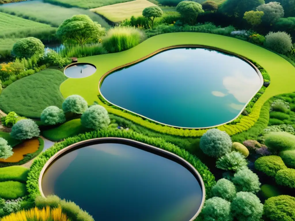 Vista detallada en 8k de un sistema de manejo eficiente de aguas en permacultura, integrado en un exuberante paisaje