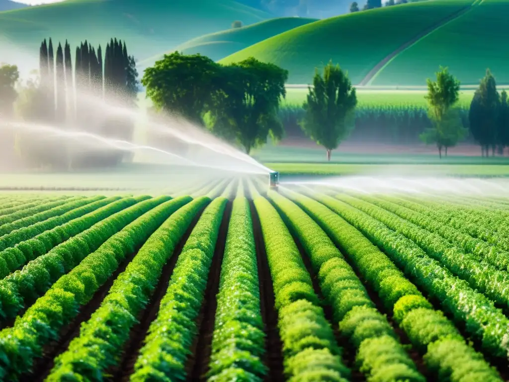 Vista detallada de sistema de riego inteligente en granja orgánica, fusionando tecnología y naturaleza para cuidar los cultivos