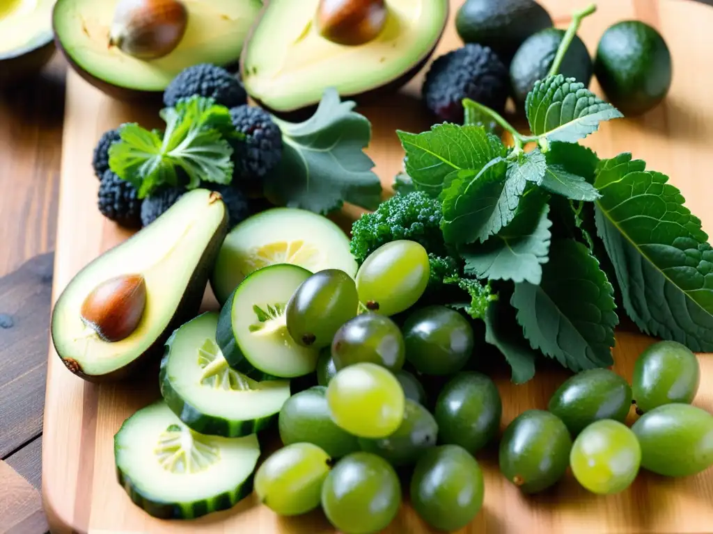 Vista detallada de snacks verdes orgánicos saludables en tabla de cortar de madera, con iluminación natural que realza su frescura y textura