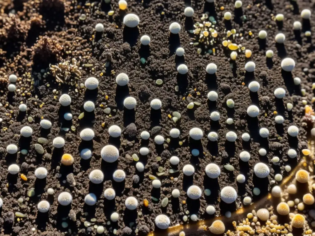 Vista detallada de un suelo rico y oscuro, rebosante de vida microbiana