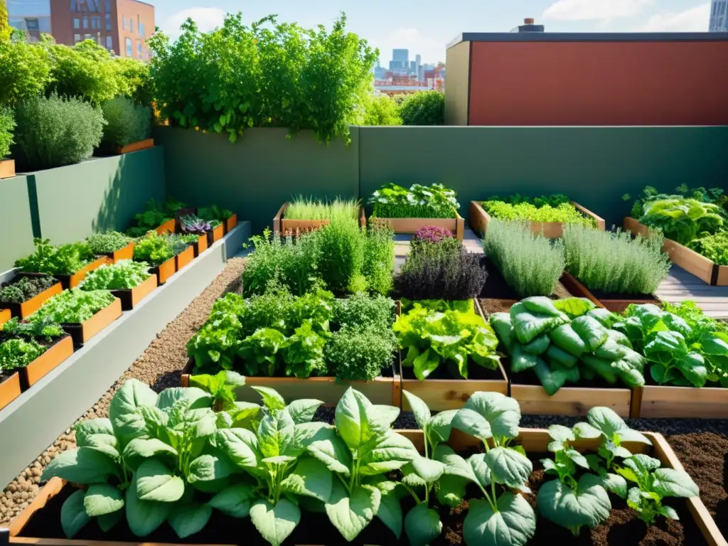 Vista detallada de un jardín urbano con hortalizas y hierbas