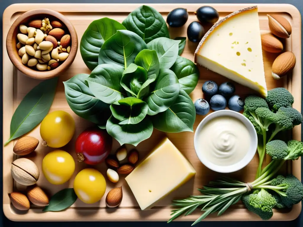 Vista detallada de una variedad de alimentos orgánicos en una tabla de cortar de madera