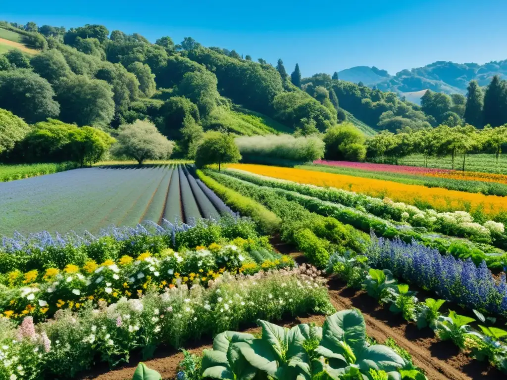 Vista exuberante de granja agroecológica, biodiversidad y agricultura sostenible