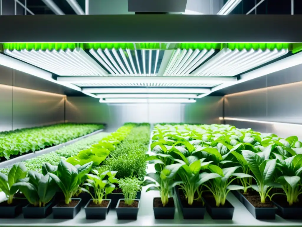 Vista futurista de agricultura orgánica en interiores urbanos con cultivos hidropónicos bajo iluminación LED suave y ambiente sostenible