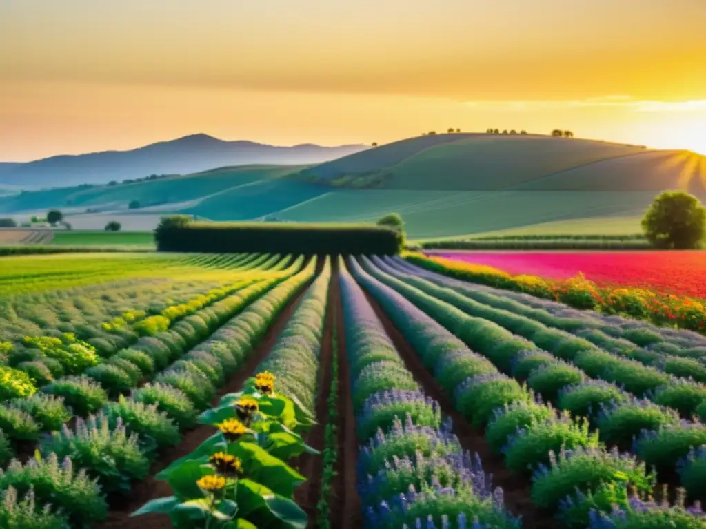 Vista de una granja orgánica bañada por el sol, donde agricultores cuidan cultivos con amor