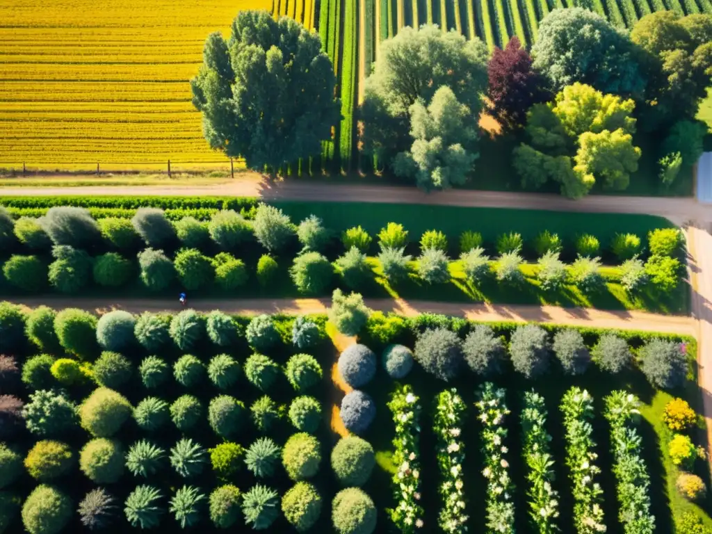 Vista de granja orgánica con cultivos diversos y animales felices