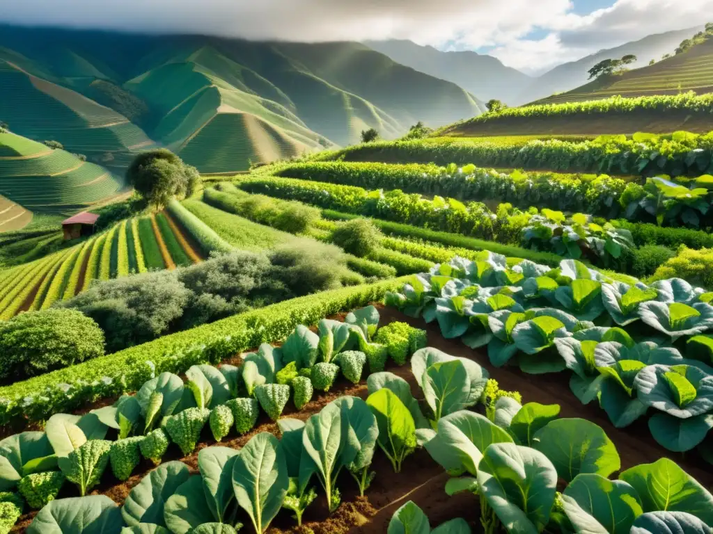 Vista de una granja orgánica en los Andes, con cultivos verdes y árboles frutales