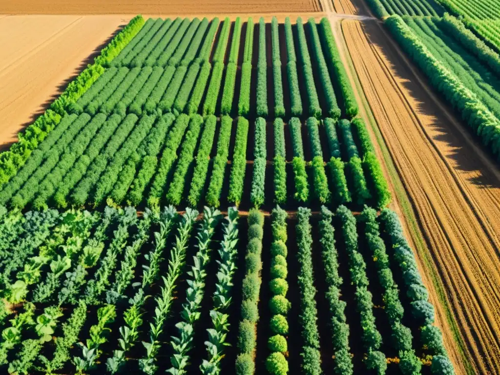 Vista de granja orgánica próspera con cultivos verdes y microbioma del suelo en agricultura ecológica, bañada por cálida luz dorada