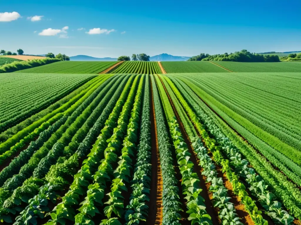 Vista de granja orgánica con cultivos verdes bajo cielo azul