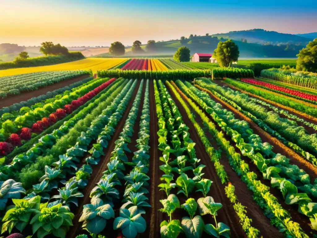 Vista de una granja orgánica con cultivos variados, bañada por la cálida luz del sol