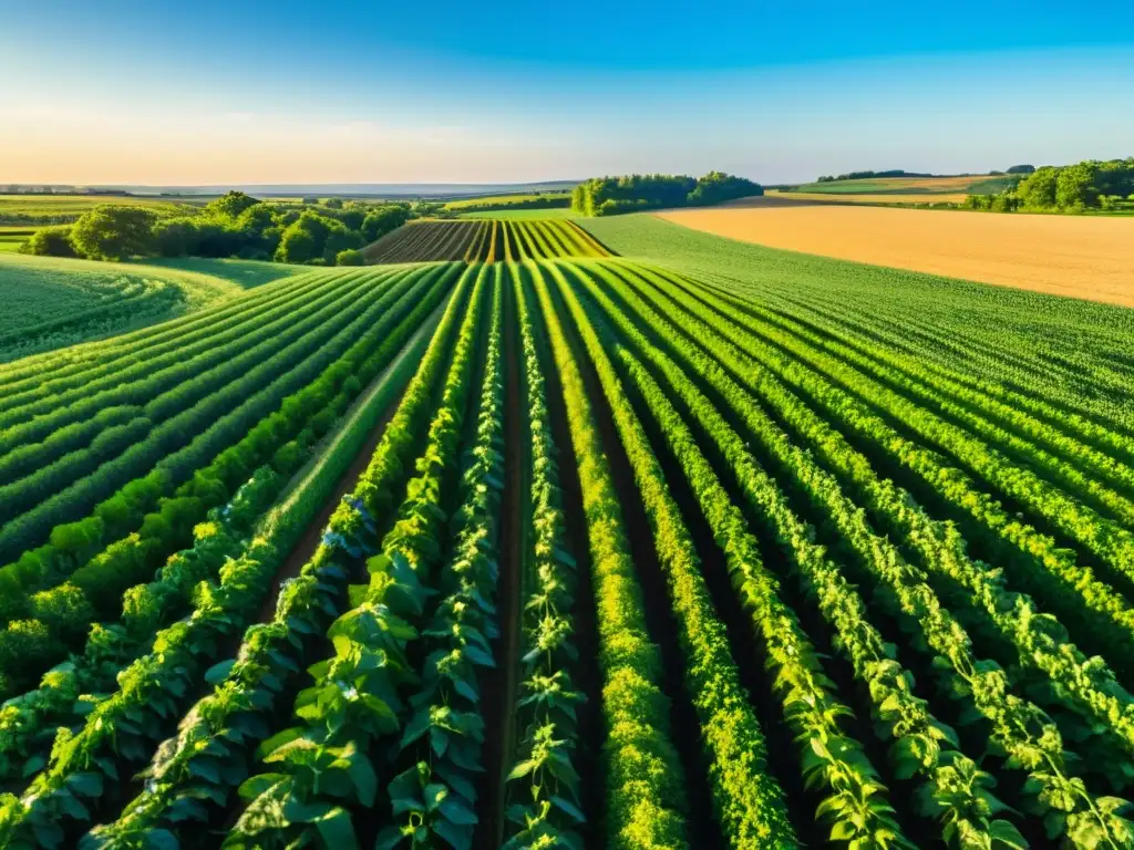 Vista 8k de granja orgánica, cultivos verdes, sol cálido, arroyo sereno