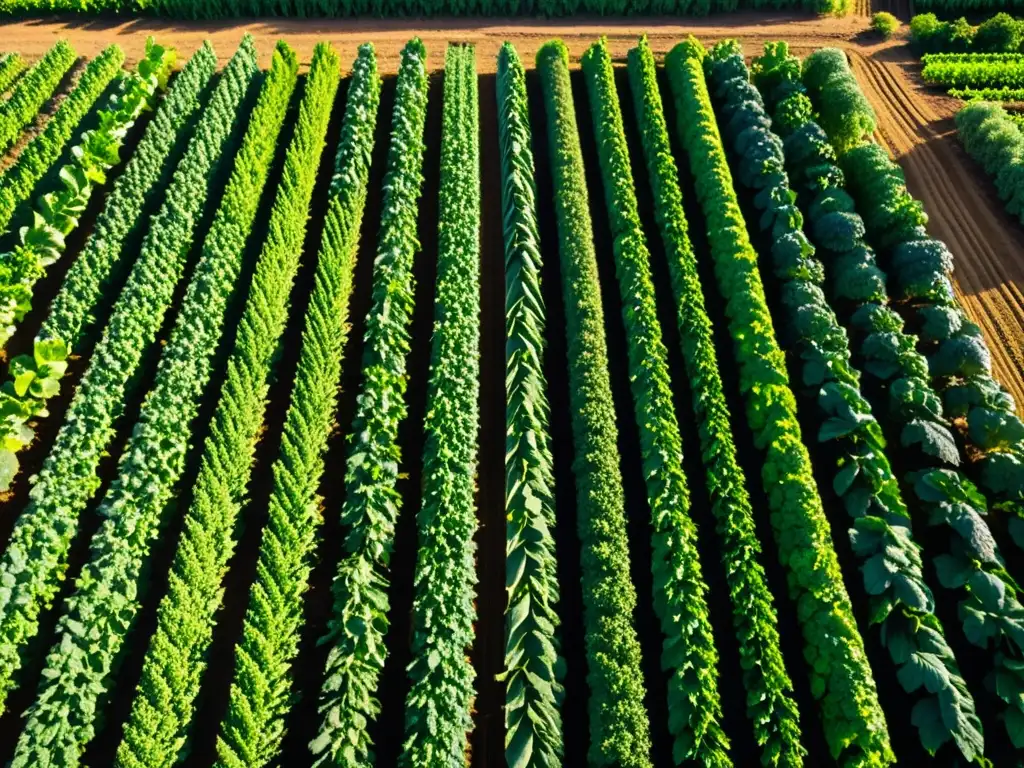 Vista de cerca de una granja orgánica con filas ordenadas de verduras verdes y frondosas