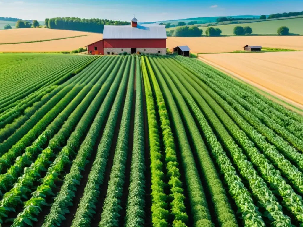 Vista 8k de una granja orgánica serena, con cultivos verdes y simétricos