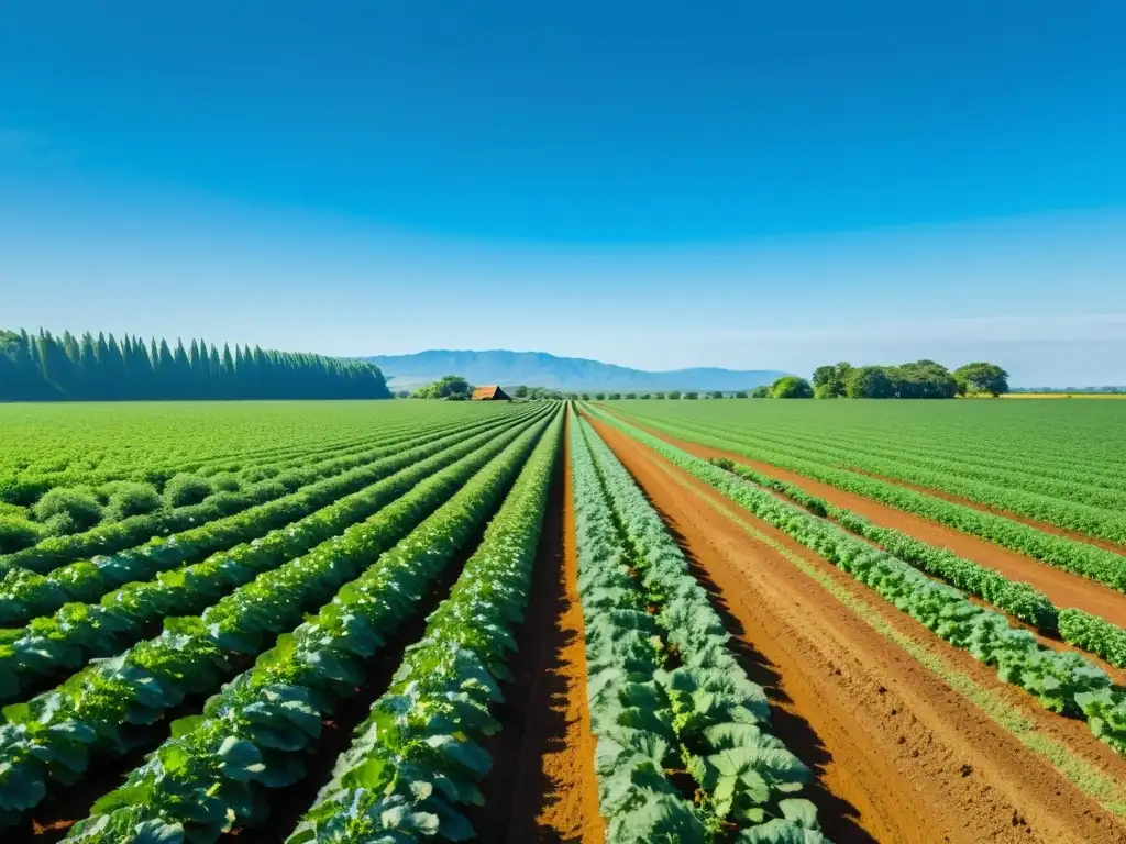 Vista de una granja orgánica soleada con cultivos verdes vibrantes bajo un cielo azul, con vida natural