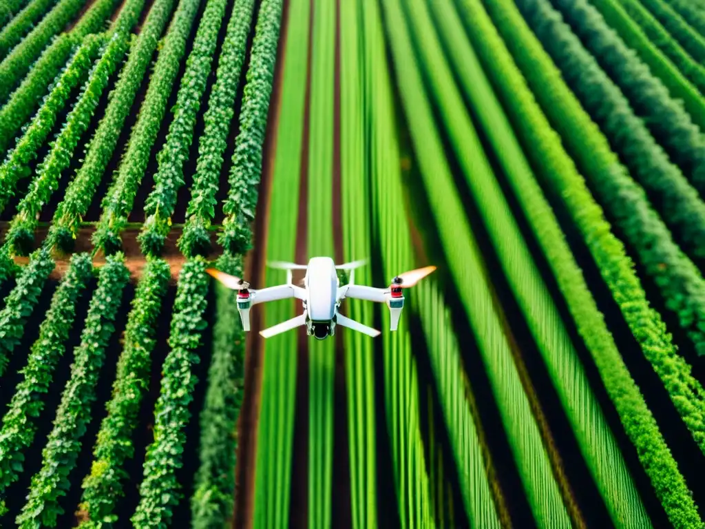 Vista de una granja orgánica verde con cultivos y un dron moderno