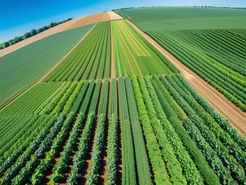 Vista impresionante de una cooperativa en la agricultura orgánica, con cultivos ordenados y vibrantes bajo el cielo azul