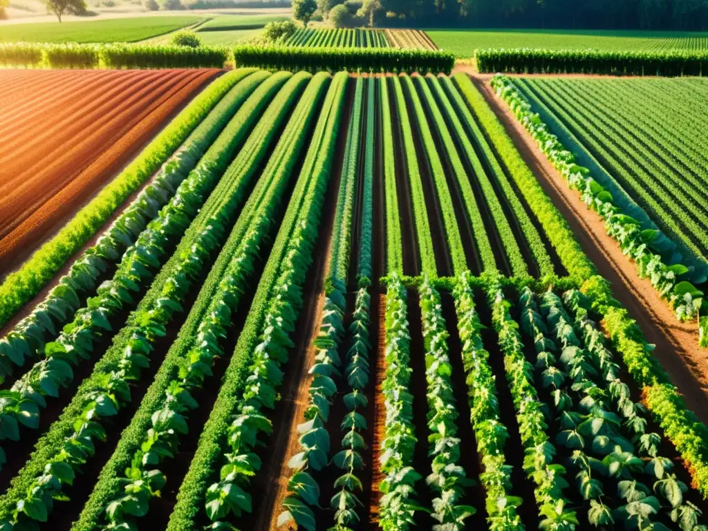 Vista impresionante de un cultivo orgánico exuberante con riego por goteo, destacando el uso eficiente del agua en cultivos orgánicos