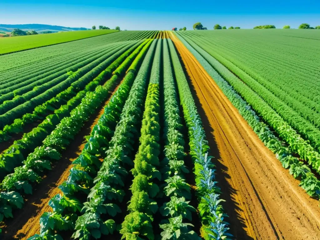 Vista impresionante de cultivos orgánicos vibrantes y saludables en una granja, destacando el potencial de la agricultura orgánica