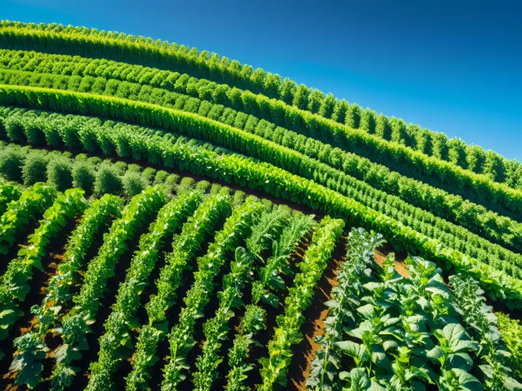 Vista impresionante de cultivos orgánicos en una granja, con plantas verdes vibrantes bajo el sol