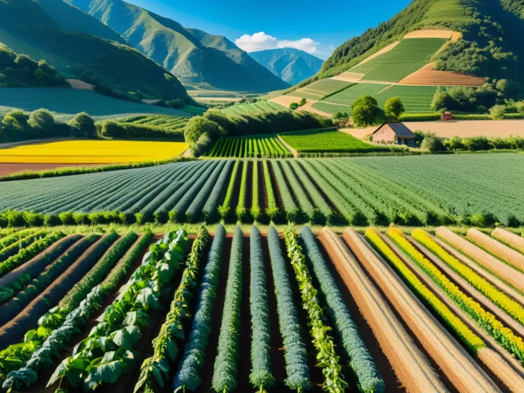 Vista impresionante de una finca orgánica, con cultivos ordenados en un valle bajo cielo azul