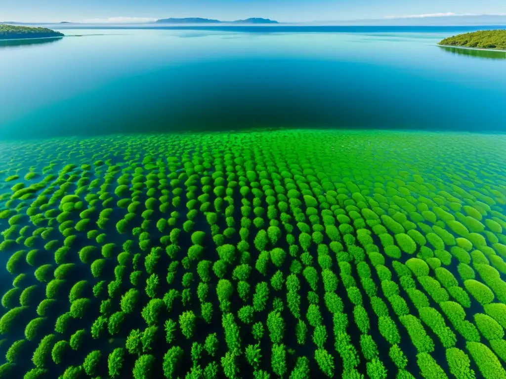 Vista impresionante de una granja de algas verdes, flotando en aguas cristalinas y brillando bajo el sol