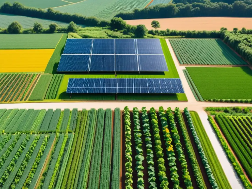 Vista impresionante de una granja orgánica sostenible, con cultivos ordenados, paneles solares y una casa ecológica