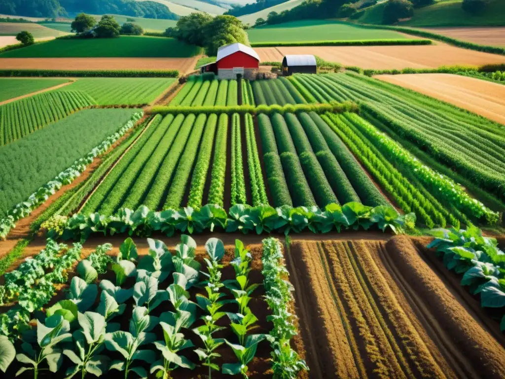 Vista impresionante de una granja orgánica vibrante y exuberante, con cultivos que se extienden hacia el horizonte