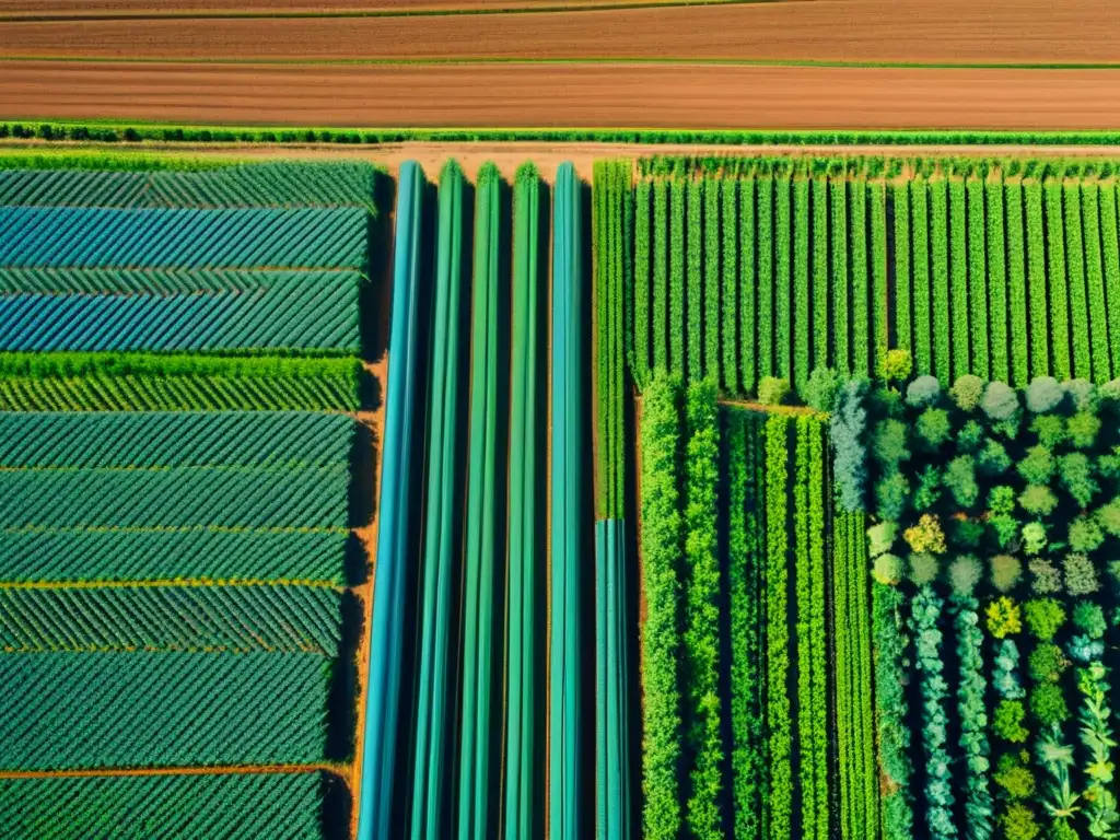 Vista impresionante de una granja orgánica moderna, con cultivos ordenados bajo un cielo azul brillante