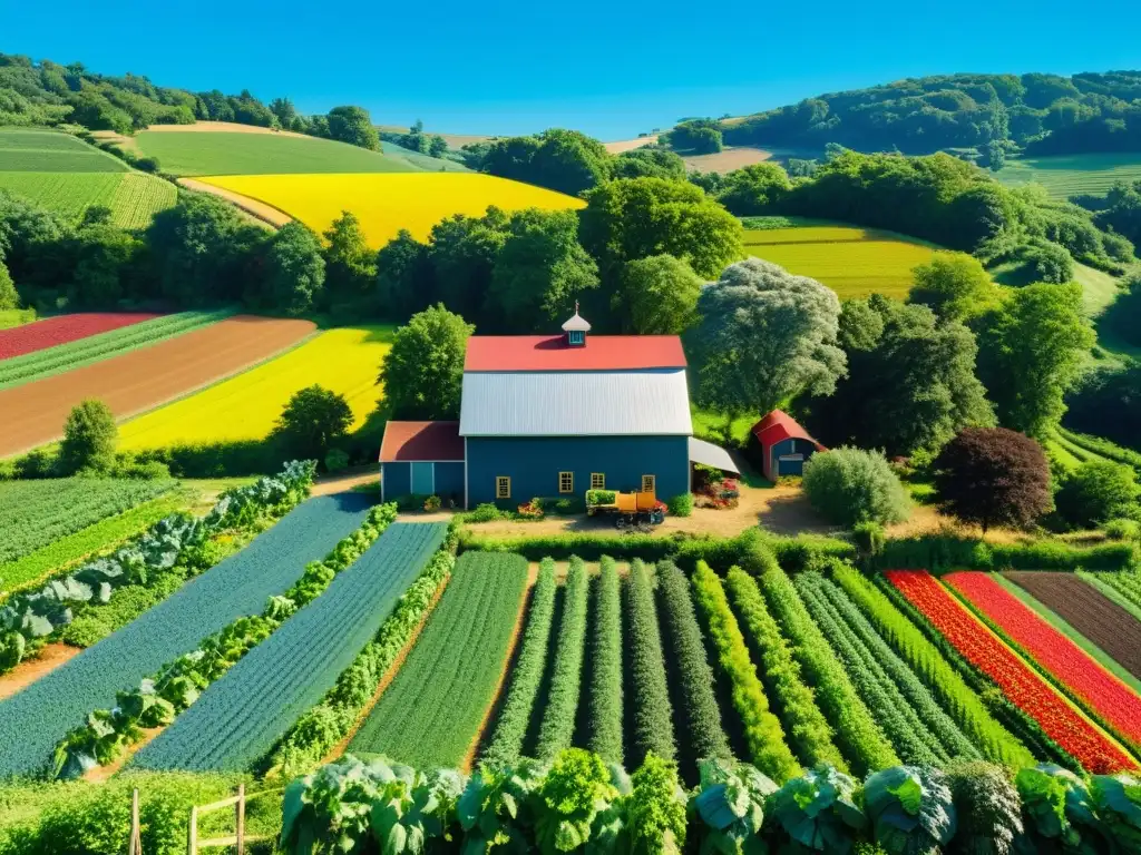 Vista impresionante de una granja orgánica exuberante y vibrante, con campos de cultivos coloridos y cielo azul brillante