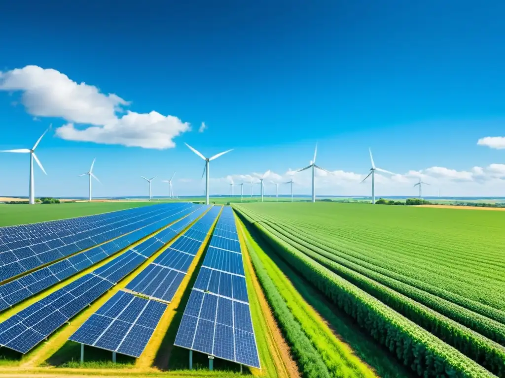 Vista impresionante de una granja orgánica con integración de energía renovable y cultivos verdes interminables bajo un cielo azul brillante