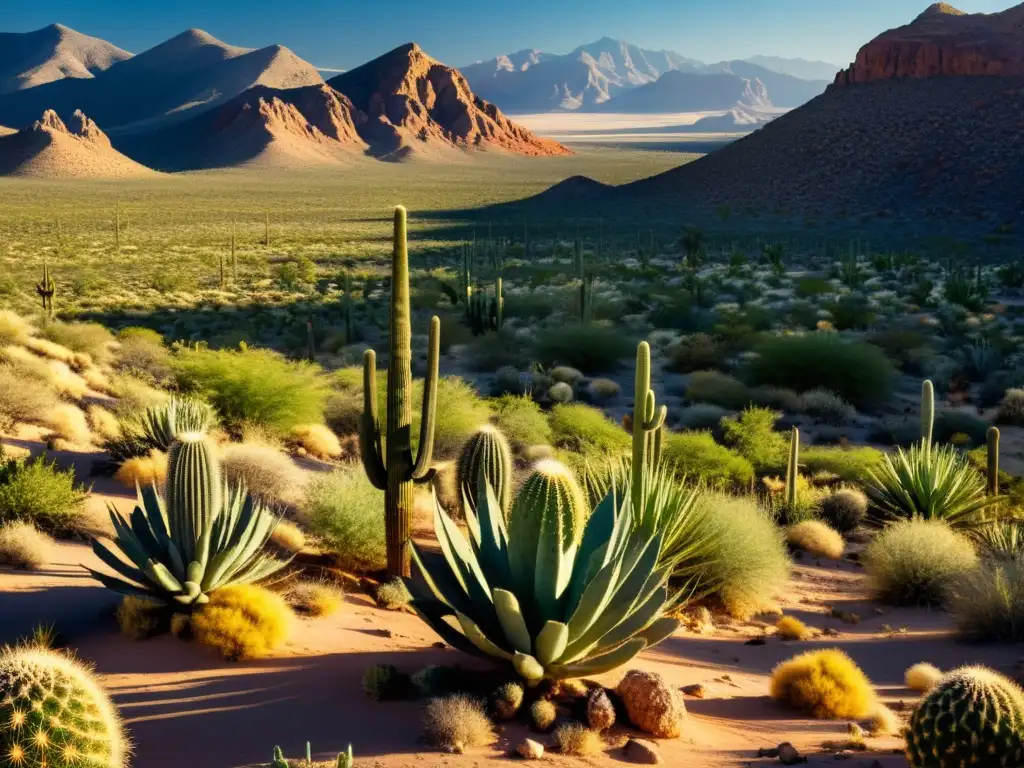 Vista impresionante de un paisaje desértico con plantas resistentes a la sequía y cactus