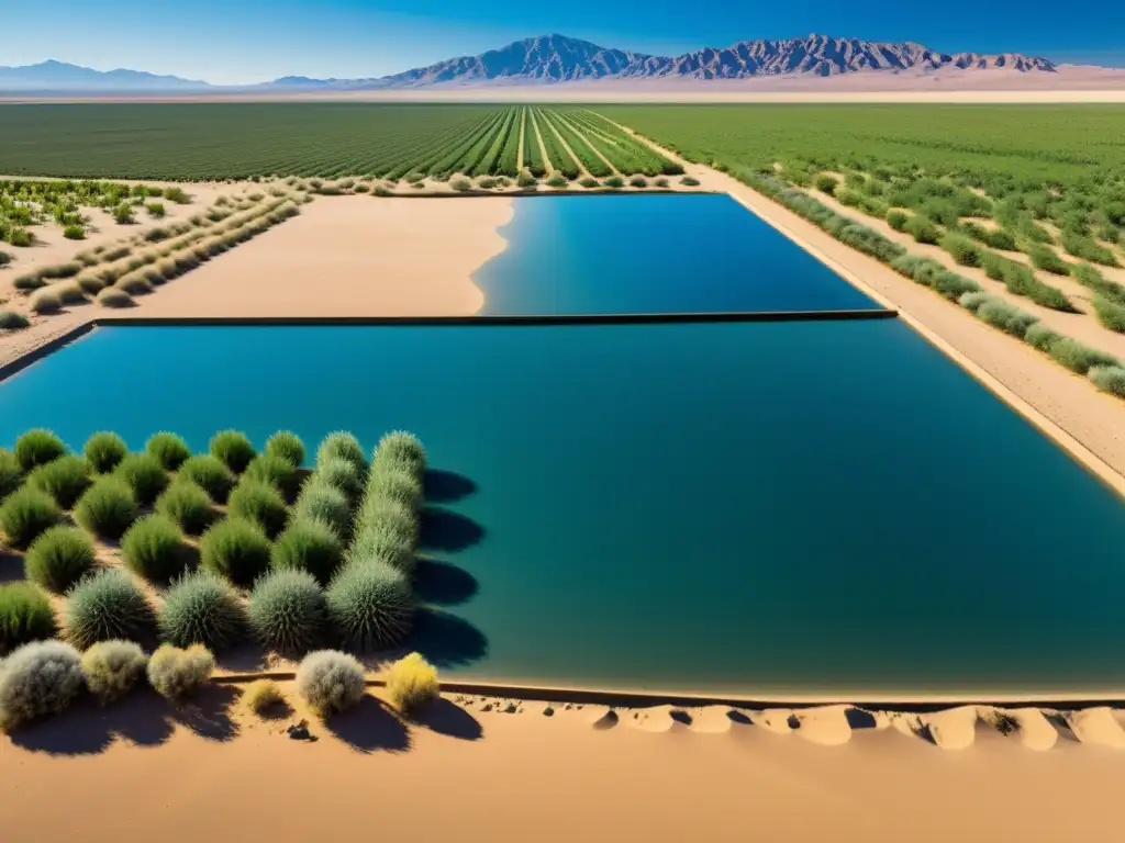 Vista impresionante de un paisaje desértico con camas de permacultura, mostrando el diseño y la sostenibilidad de la permacultura en zonas áridas